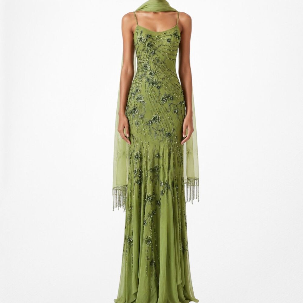 Vintage Y2K Olive Green Floral Beaded Bodycon Prom Shawl Dress Size S - Picture 3 of 17